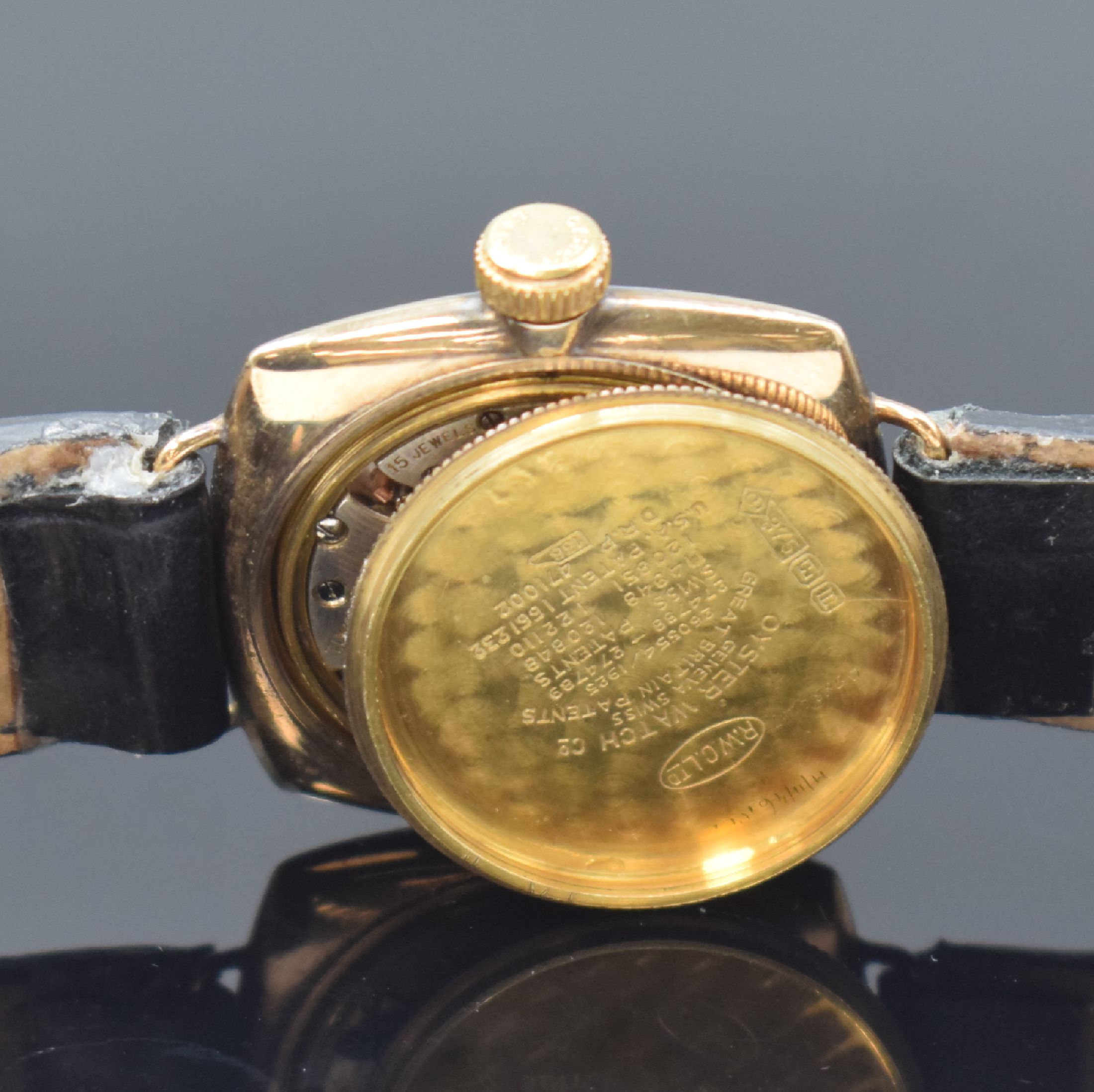 Detail g: ROLEX Oyster Referenz 678 sogen. "Kanalschwimmer" Armbanduhr in RG 375/000, Schweiz um 1934, Handaufzug, verschr. Geh., glatte Lünette, ...