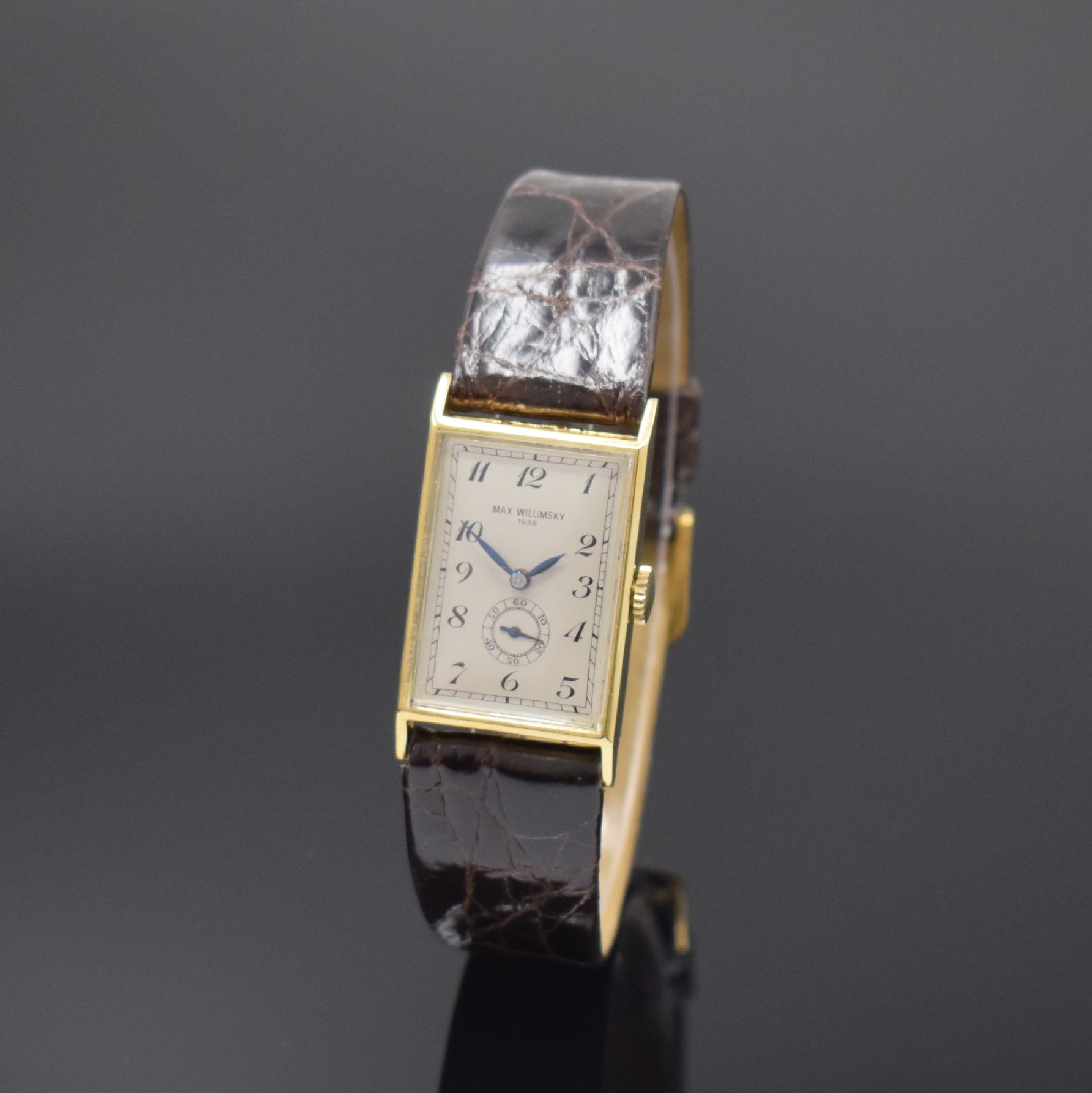 M. WILLIMSKI Meisterstück 1938/39 einzigartige Armbanduhr in GG 585/000, Deutschland 1938/39, Handaufzug, beids. verglastes Scharniergeh., silb. ...