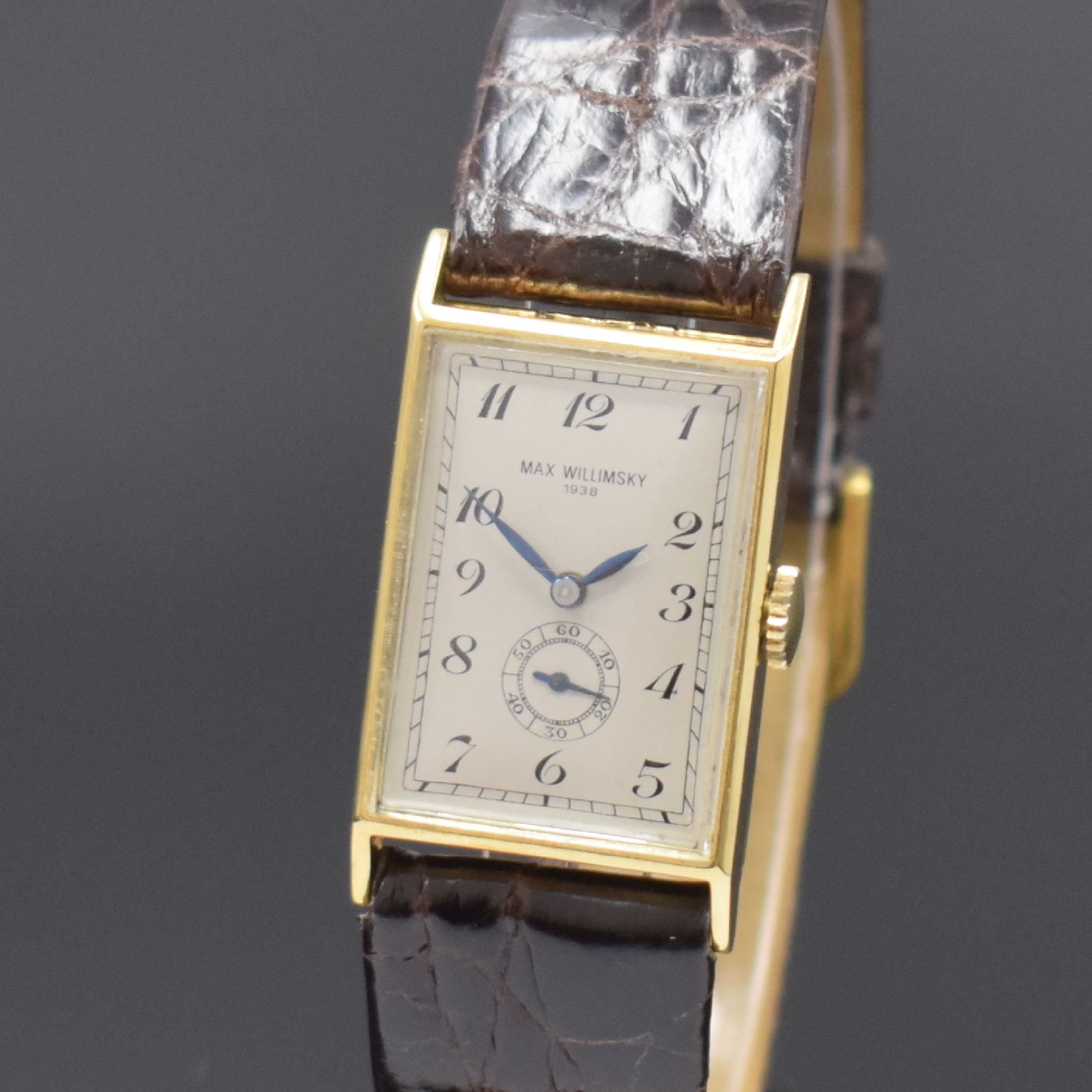 Detail a: M. WILLIMSKI Meisterstück 1938/39 einzigartige Armbanduhr in GG 585/000, Deutschland 1938/39, Handaufzug, beids. verglastes Scharniergeh., silb. ...