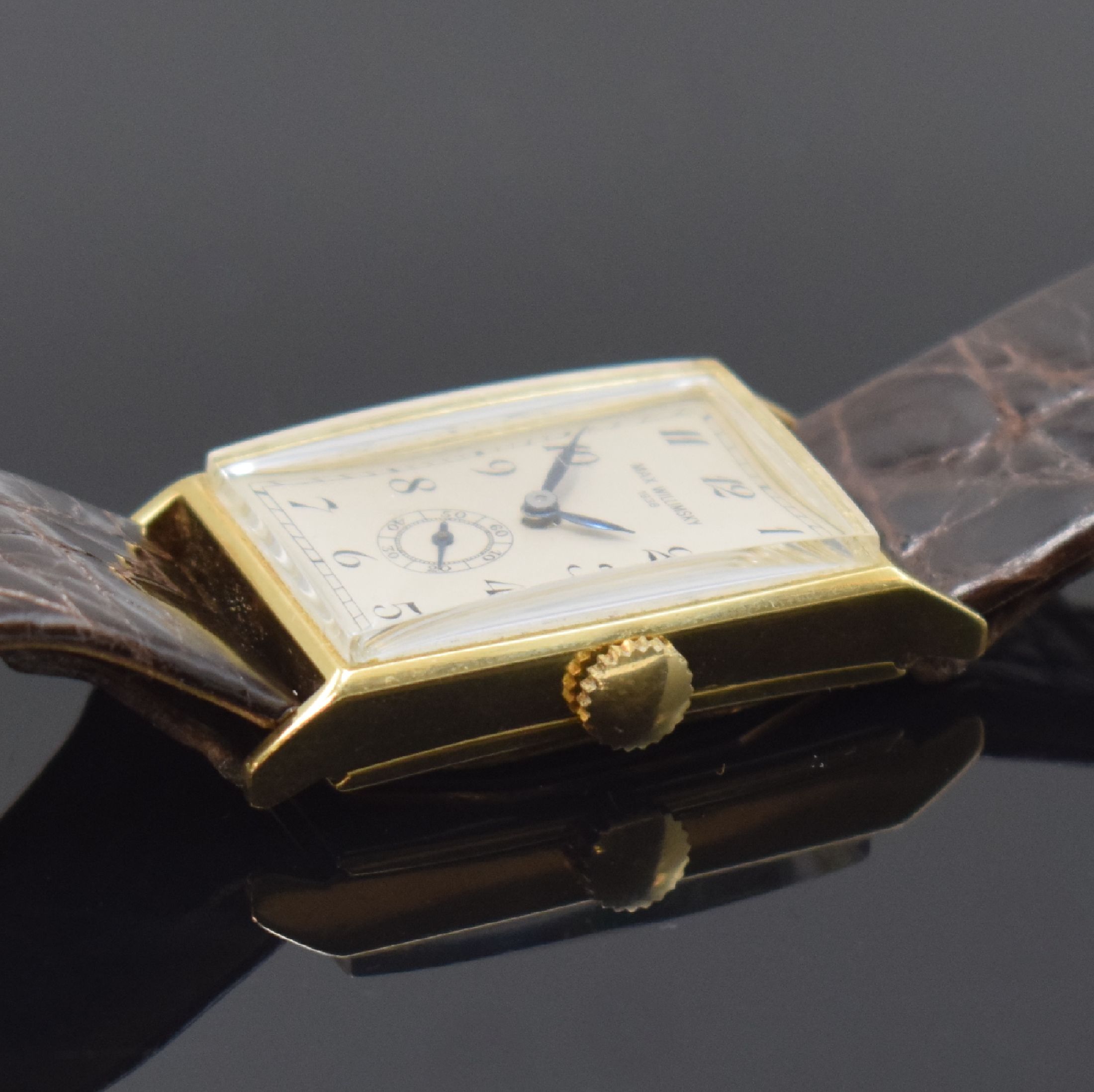 Detail b: M. WILLIMSKI Meisterstück 1938/39 einzigartige Armbanduhr in GG 585/000, Deutschland 1938/39, Handaufzug, beids. verglastes Scharniergeh., silb. ...