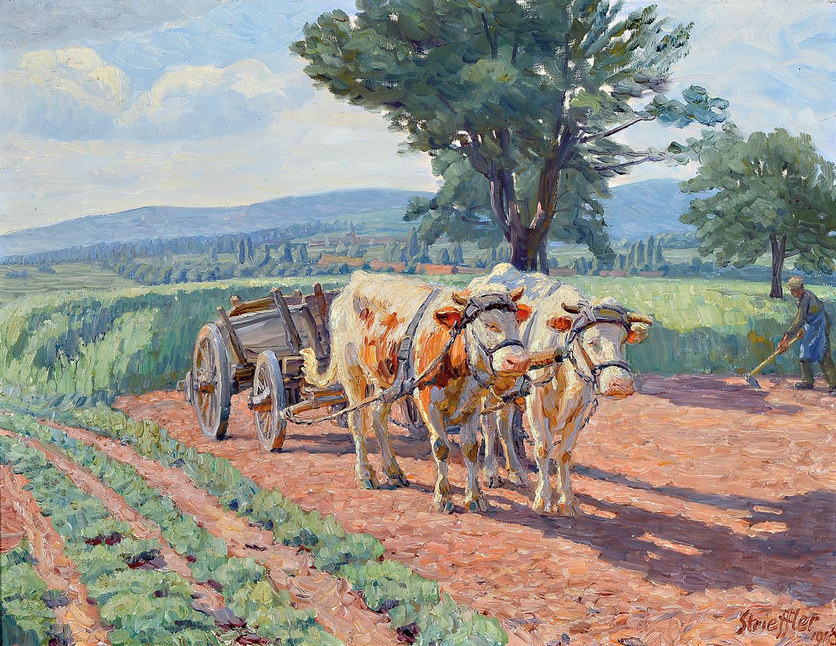 Heinrich Strieffler, 1872 Neustadt-1949 Landau, Öl/Holzplatte, Ochsenfuhrwerk und pflügender Bauer in sommerlicher Landschaft, Blick auf die ...