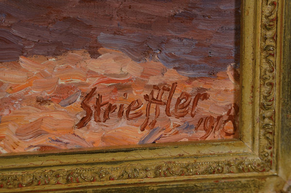 Detail a: Heinrich Strieffler, 1872 Neustadt-1949 Landau, Öl/Holzplatte, Ochsenfuhrwerk und pflügender Bauer in sommerlicher Landschaft, Blick auf die ...