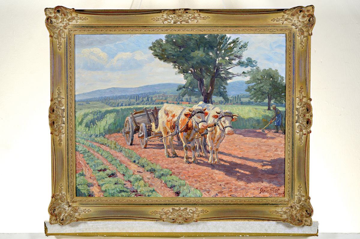Detail k: Heinrich Strieffler, 1872 Neustadt-1949 Landau, Öl/Holzplatte, Ochsenfuhrwerk und pflügender Bauer in sommerlicher Landschaft, Blick auf die ...