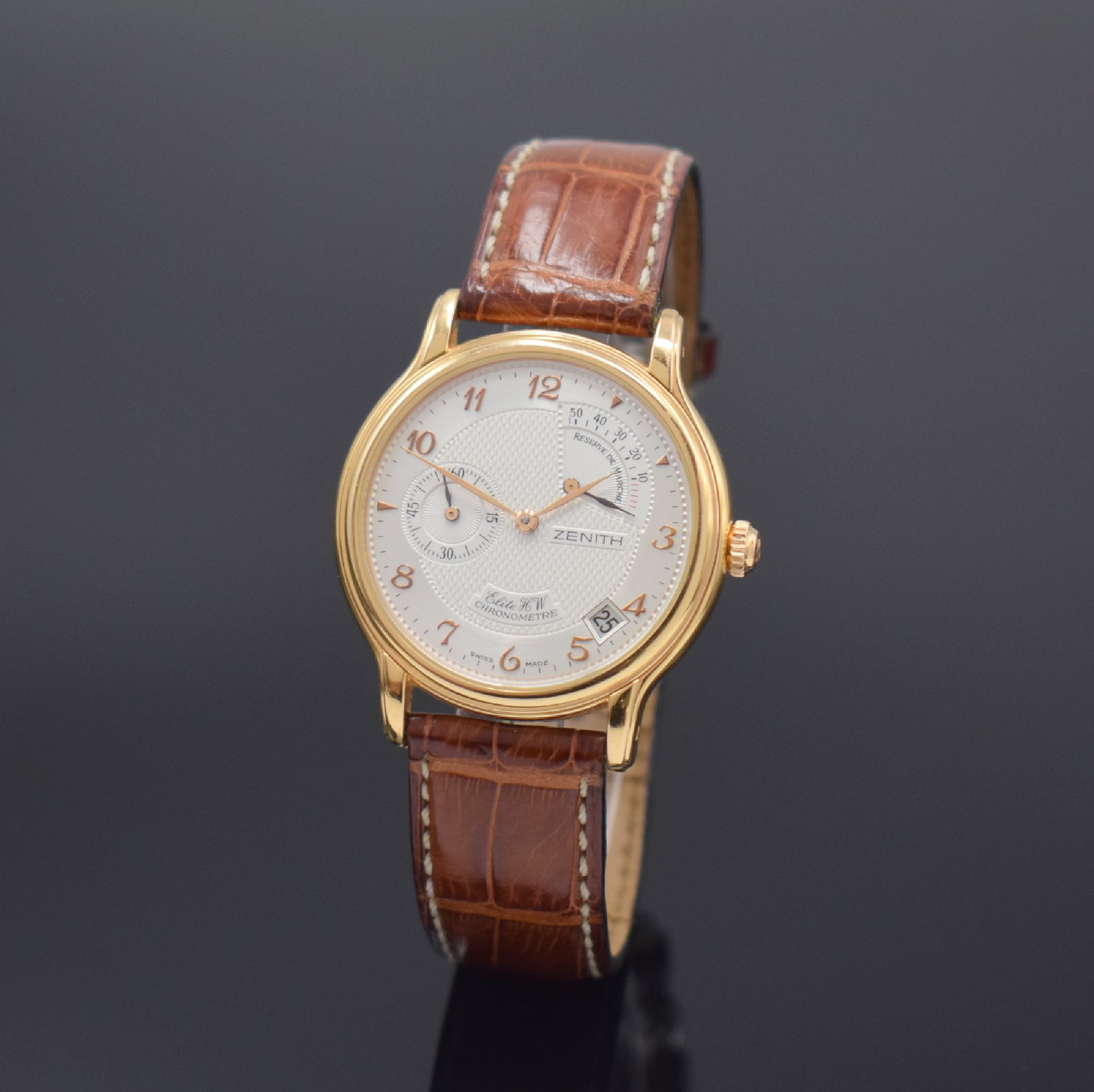 ZENITH ELITE HW Chronometre Herrenarmbanduhr mit Gangreserveanzeige in RG 750/000 Referenz 17 0240 655, Schweiz um 2000, Handaufzug, gedr. Geh., ...