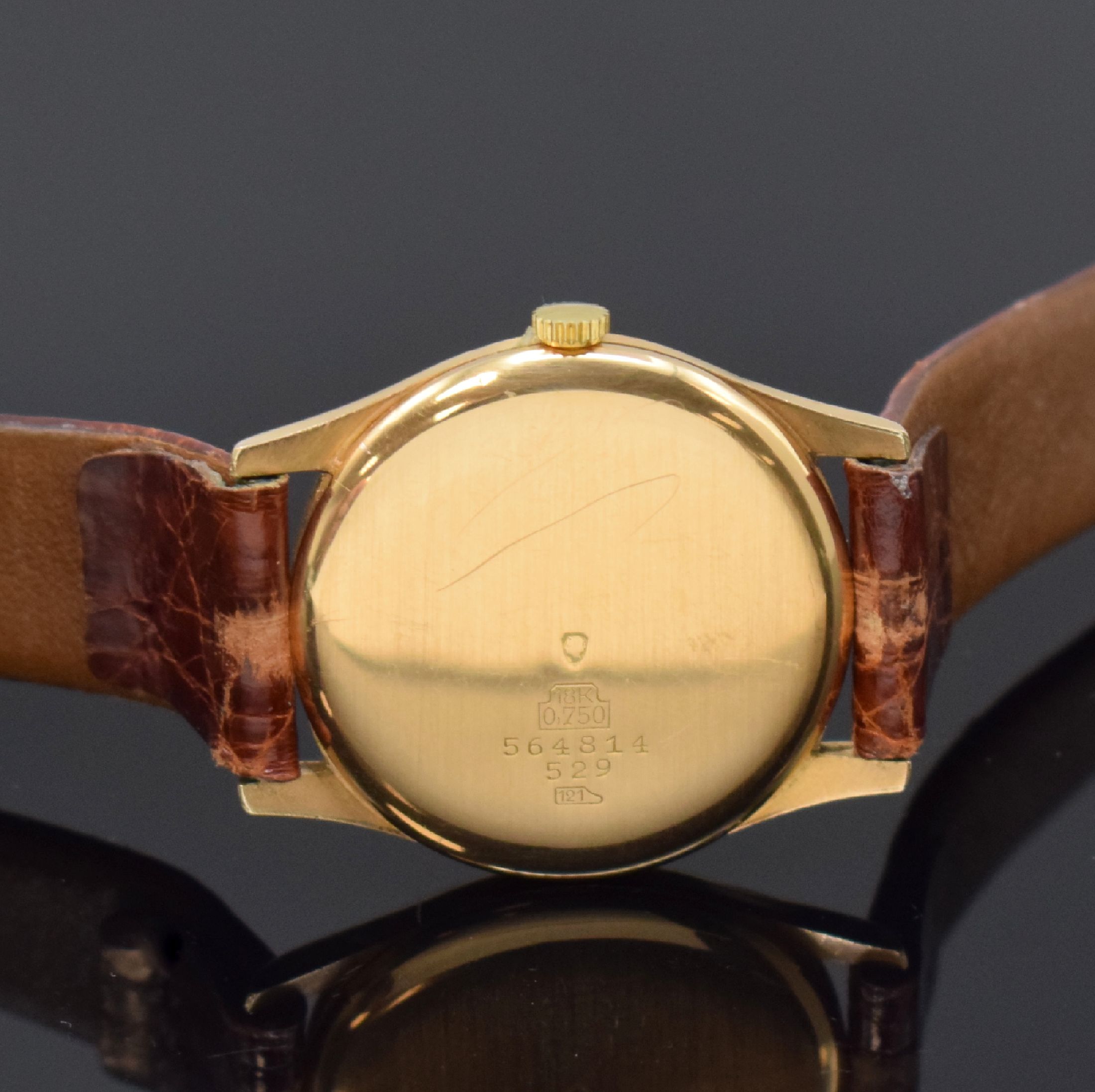 Detail c: FRECO Armbanduhr in RoseG 750/000, Schweiz um 1950, Handaufzug, 2-teil. Gehäuse, Boden aufgedr., silb. rest. Zifferbl. m. aufges., gold. Std.-Ind., ...