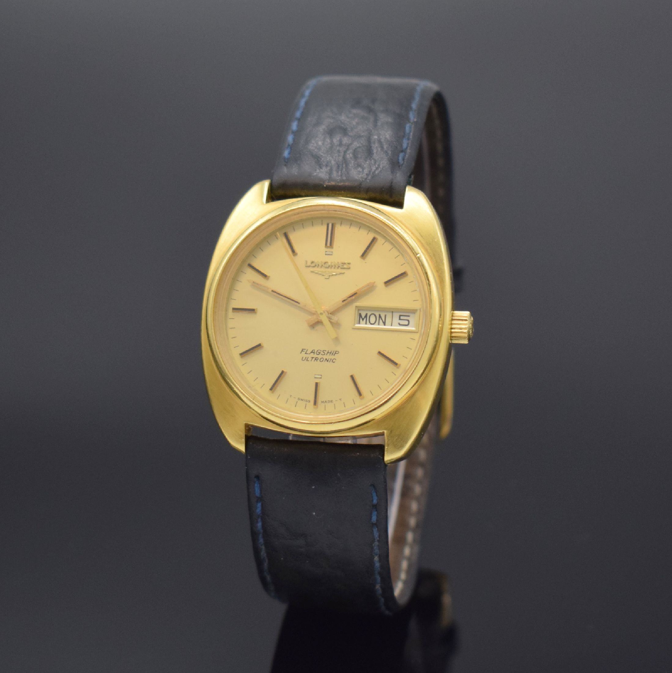 LONGINES Flagship Ultronic Herrenarmbanduhr in GG 750/000 mit Stimmgabelschwinger Referenz 4807 1, Schweiz um 1970, 2-teil. Gehäuse, Boden aufgedr., ...