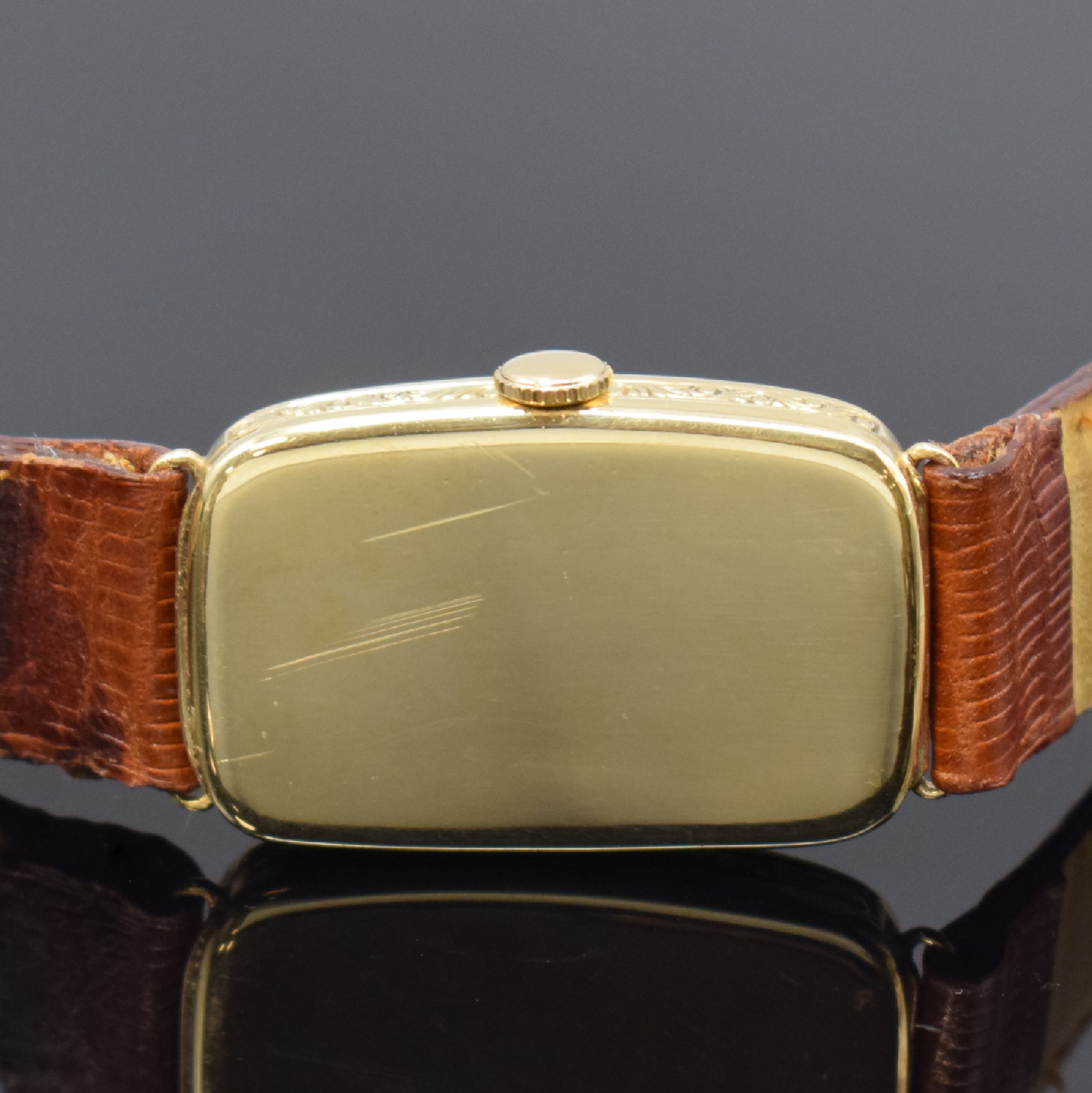 Detail c: Frühe Herrenarmbanduhr in GG 585/000, Schweiz f. deutschen Markt um 1925, Handaufzug, Scharniergehäuse sign. Bosch, pat. Zifferbl. m. arab. Zahlen, ...