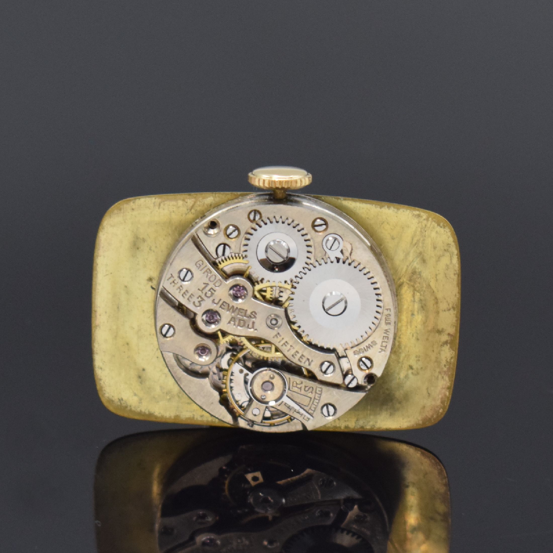 Detail e: Frühe Herrenarmbanduhr in GG 585/000, Schweiz f. deutschen Markt um 1925, Handaufzug, Scharniergehäuse sign. Bosch, pat. Zifferbl. m. arab. Zahlen, ...