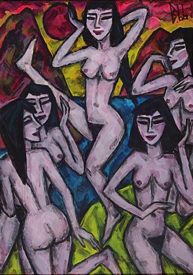 Image 26691122 - Berutscha (Grami Hagemann), 1945 Tiblissi/Georgia-2013, group of female figures, 5 nudes in front of a multicolored background, monogrammed and dated 1966 at the top right, oil/hardboard, framed under glass 77x56 cm