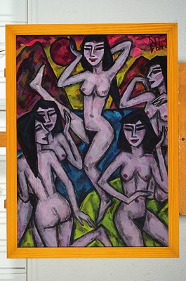 26691122k - Berutscha (Grami Hagemann), 1945 Tiblissi/Georgia-2013, group of female figures, 5 nudes in front of a multicolored background, monogrammed and dated 1966 at the top right, oil/hardboard, framed under glass 77x56 cm