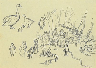Image 26691124 - Karl Hubbuch, 1891-1979 Karlsruhe, pencil drawing, group of figures in a park landscape,stamp signature, 18.5x25 cm, framed under glass 34x43 cm