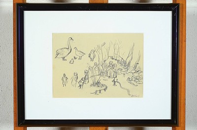 26691124k - Karl Hubbuch, 1891-1979 Karlsruhe, pencil drawing, group of figures in a park landscape,stamp signature, 18.5x25 cm, framed under glass 34x43 cm