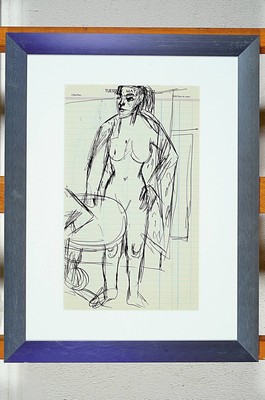 26691127k - Karl Hubbuch, 1891-1979 Karlsruhe, two ink drawings (front and back), female nude with table and standing figure, estate stamp, sheet31x20 cm, frame 45x35 cm