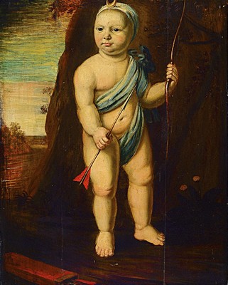 Image 26691185 - Unidentified artist, Italy, 17th century, fullportrait of Cupid with bow and arrow in front of the entrance to a rock grotto, in the background ideal landscape, oil/wood, two old restored longitudinal cracks, restored, approx. 80x61cm, pomp frame approx. 110x91cm