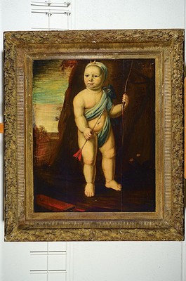 26691185k - Unidentified artist, Italy, 17th century, fullportrait of Cupid with bow and arrow in front of the entrance to a rock grotto, in the background ideal landscape, oil/wood, two old restored longitudinal cracks, restored, approx. 80x61cm, pomp frame approx. 110x91cm