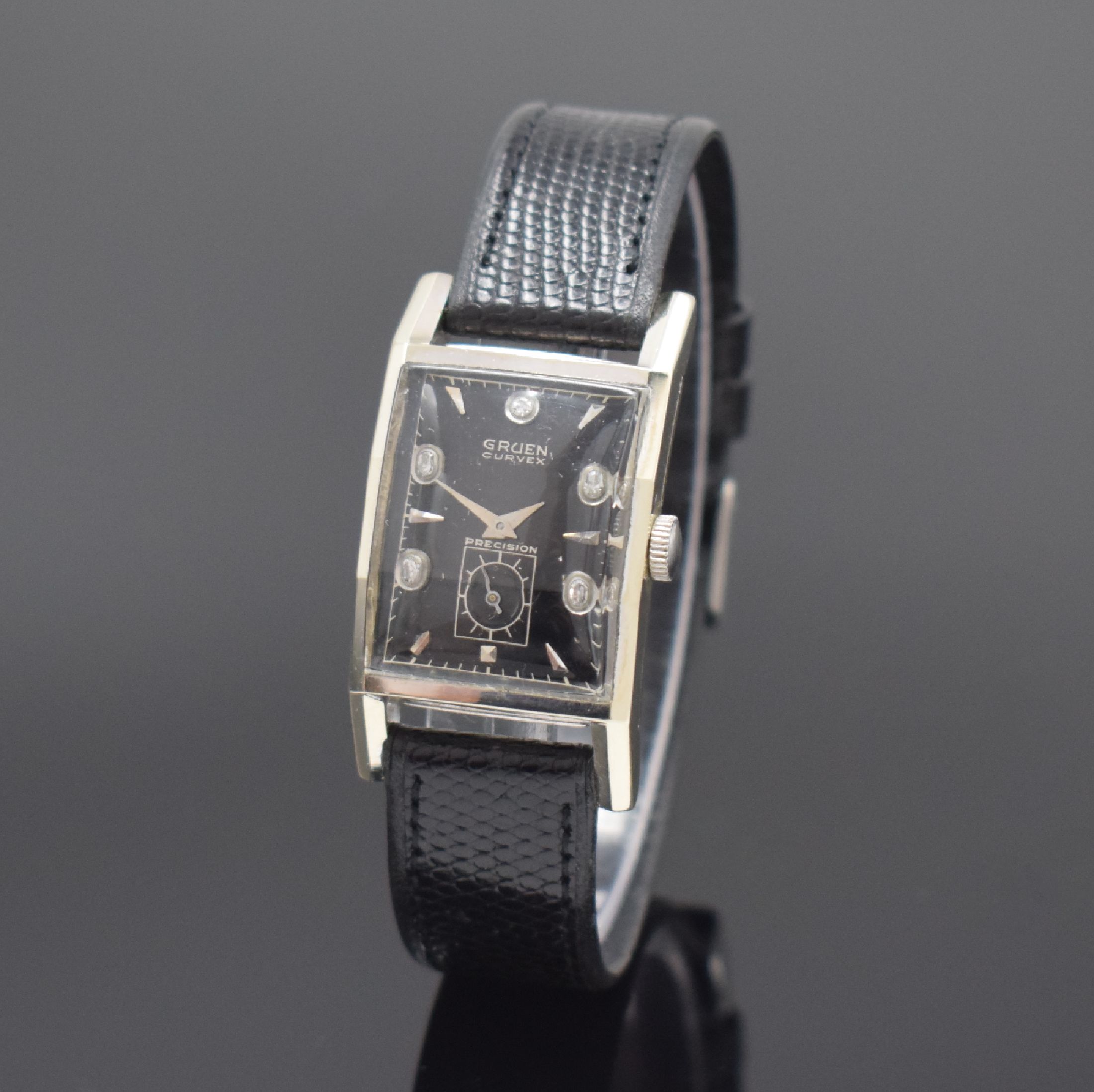GRUEN Curvex Armbanduhr Referenz 370-615 in WG 585/000, Schweiz/USA um 1948, Handaufzug, 2-teil. gewölbtes Geh., gewölbtes u. facett. Glas, Boden ...