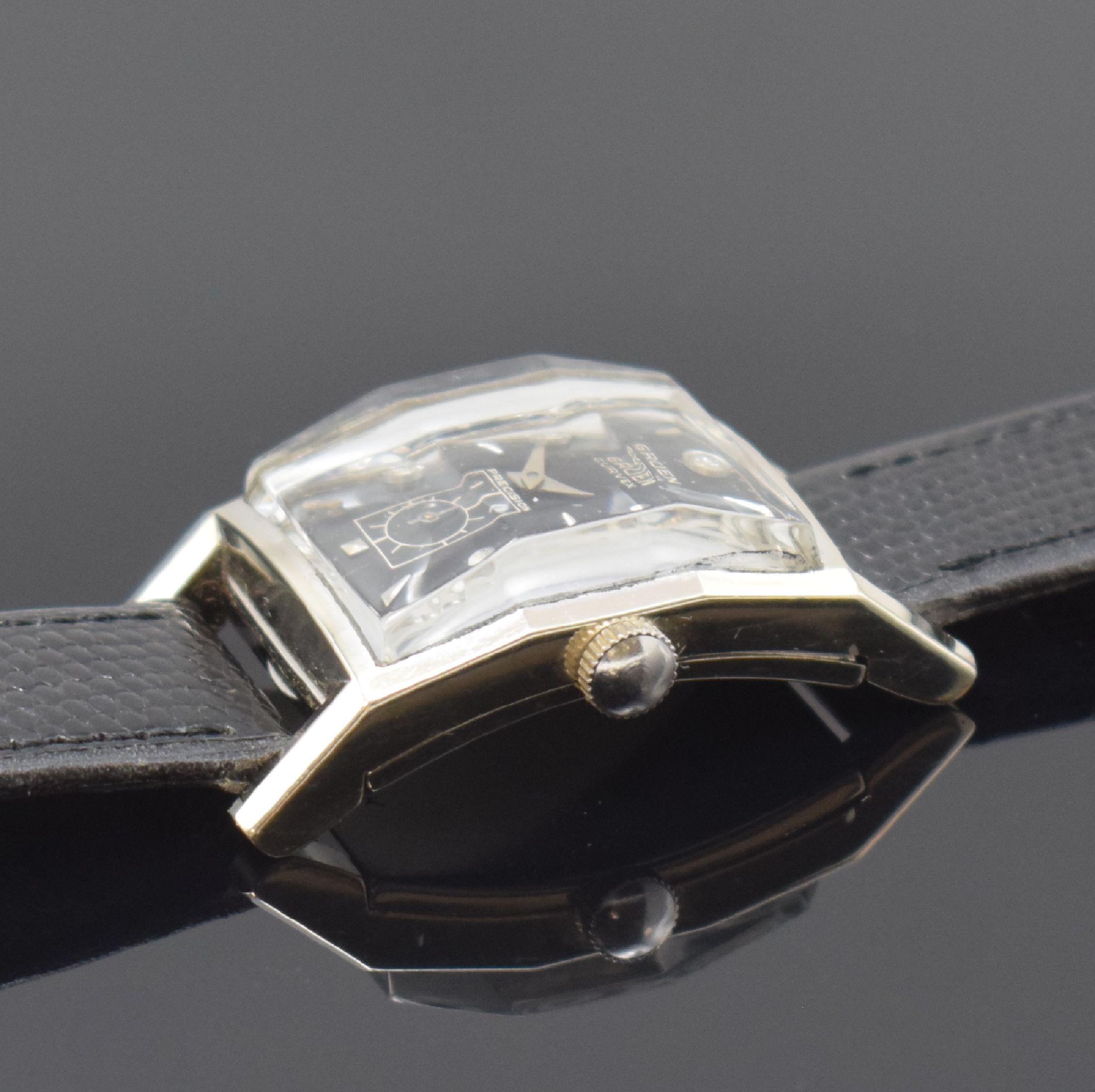Detail b: GRUEN Curvex Armbanduhr Referenz 370-615 in WG 585/000, Schweiz/USA um 1948, Handaufzug, 2-teil. gewölbtes Geh., gewölbtes u. facett. Glas, Boden ...
