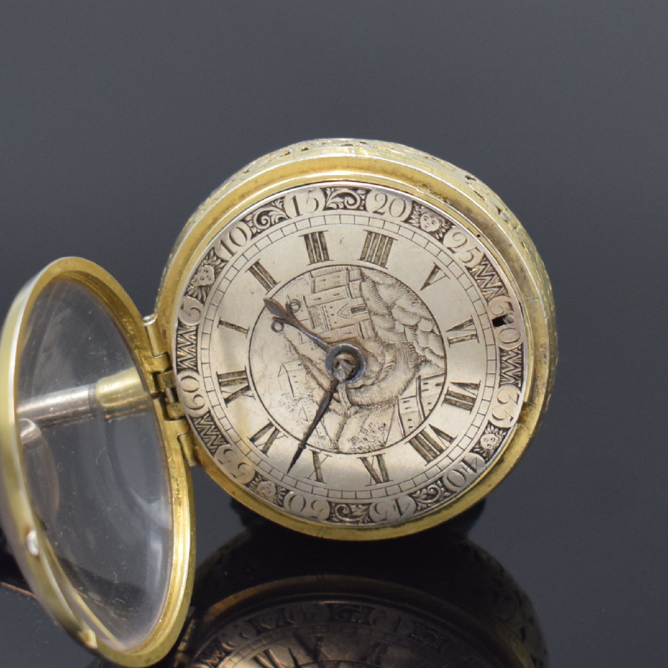 Detail c: DEBEAUFRE London seltene Spindeltaschenuhr mit 1/8-Stunden-Repetition, England um 1720, doppeltes, vergold. u. aufwend. durchbr. Geh. in Silber, ...
