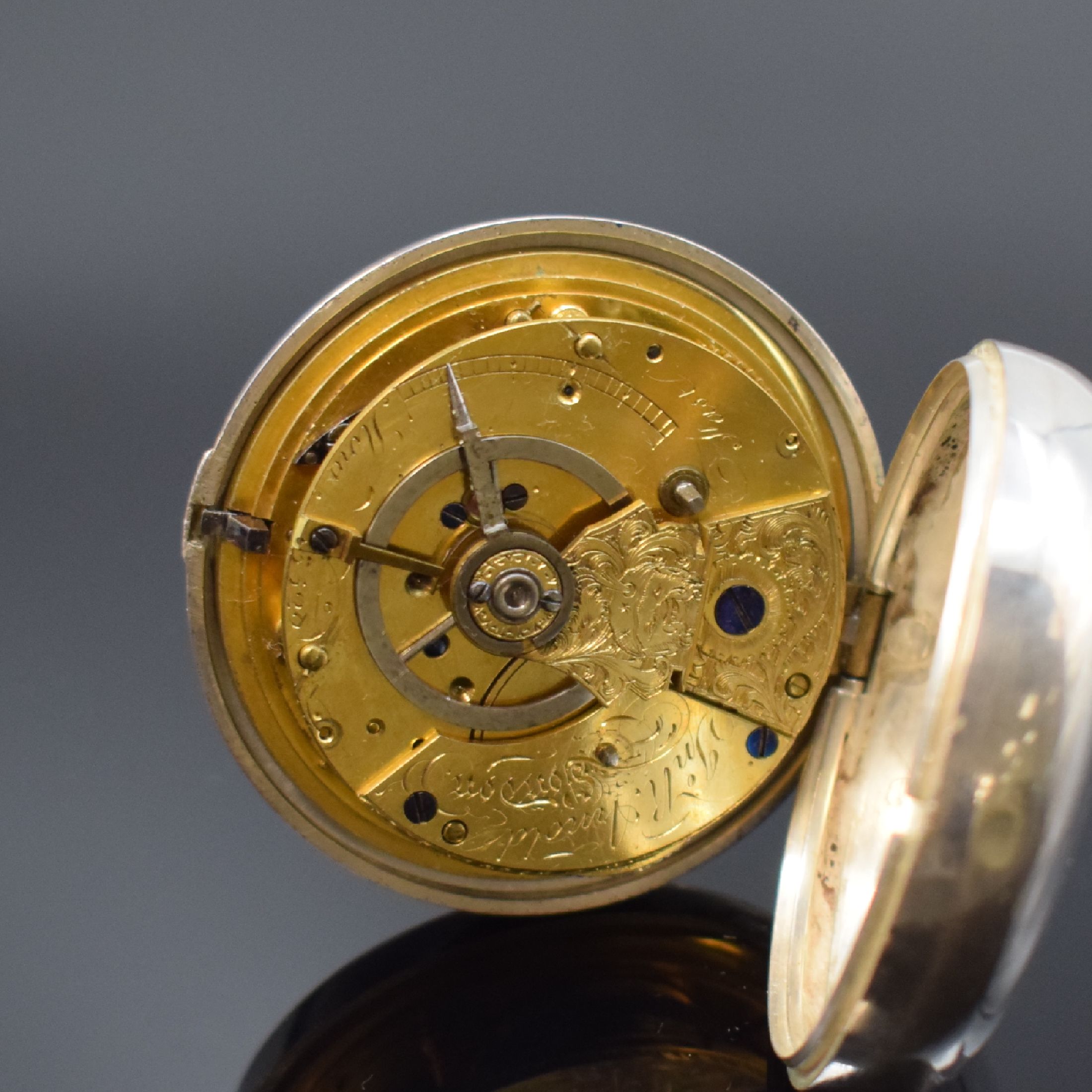 Detail c: JOHN ROGER ARNOLD seltene Taschenuhr mit Rubin-Zylinderhemmung, England um 1810, doppeltes Silbergeh. später, Emailzifferbl. riss. m. röm. Zahlen, ...