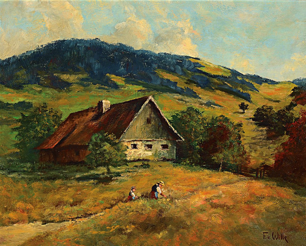Fritz von Wille, 1860 Weimar-1941 Düsseldorf, Landschaft in der Eifel mit Bauernhaus und erntenden Bauern, Öl/Lwd, rechts unten signiert, ca. ...