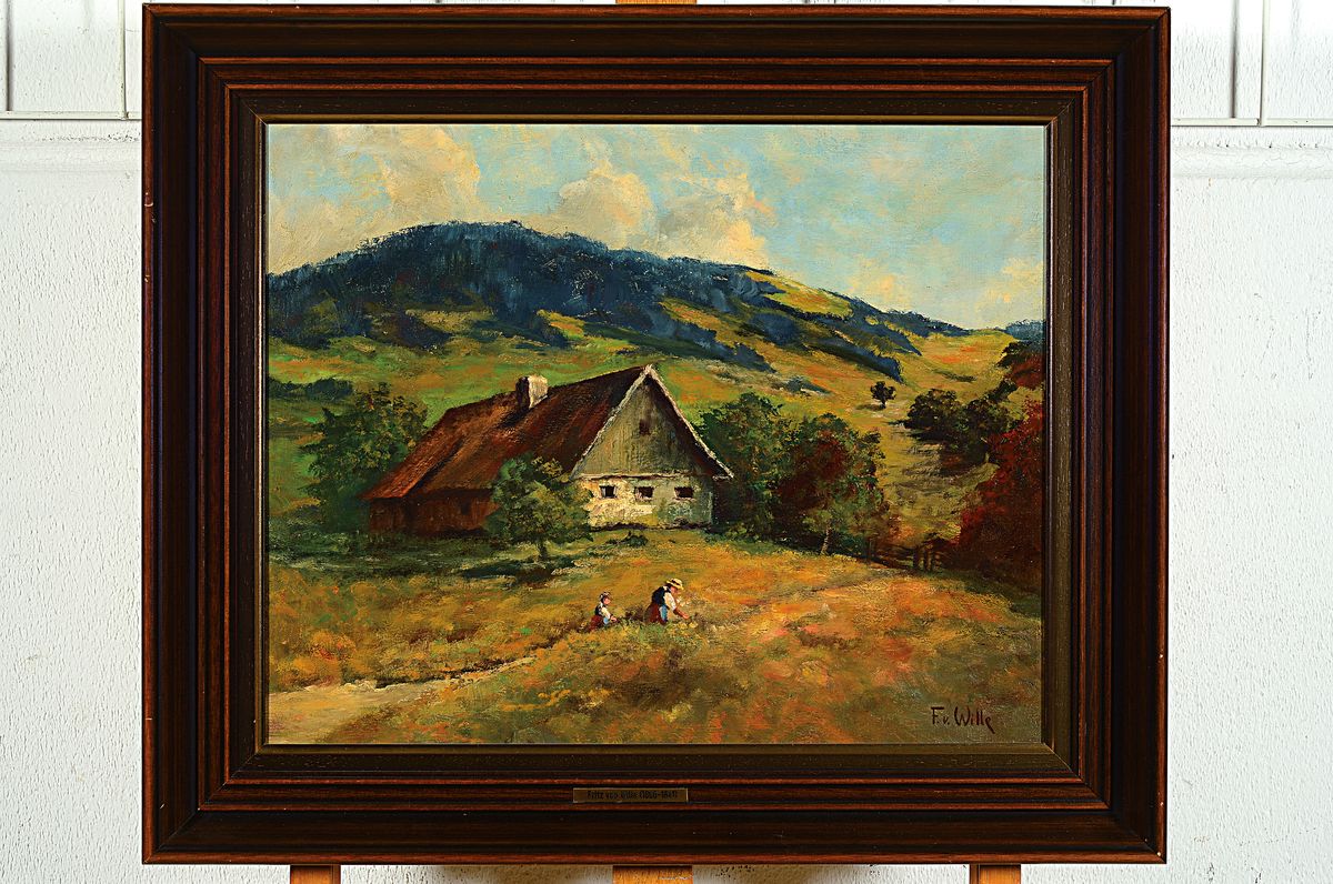 Detail k: Fritz von Wille, 1860 Weimar-1941 Düsseldorf, Landschaft in der Eifel mit Bauernhaus und erntenden Bauern, Öl/Lwd, rechts unten signiert, ca. ...