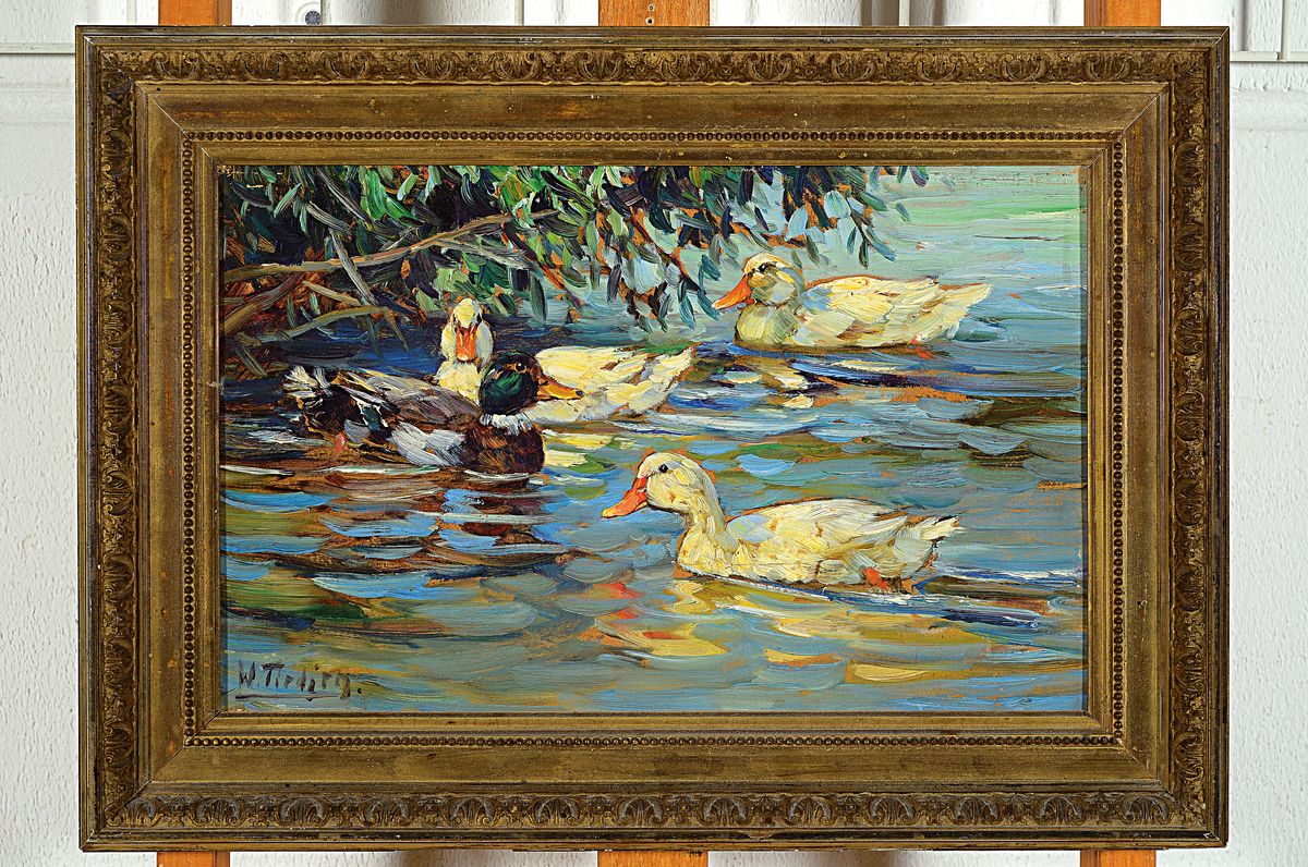 Detail k: Willy Tiedjen, 1881 Hamburg-1950 München, Studium an der Akademie München, Schüler des Heinrich von Zügel, hier: Enten auf dem Teich, ...