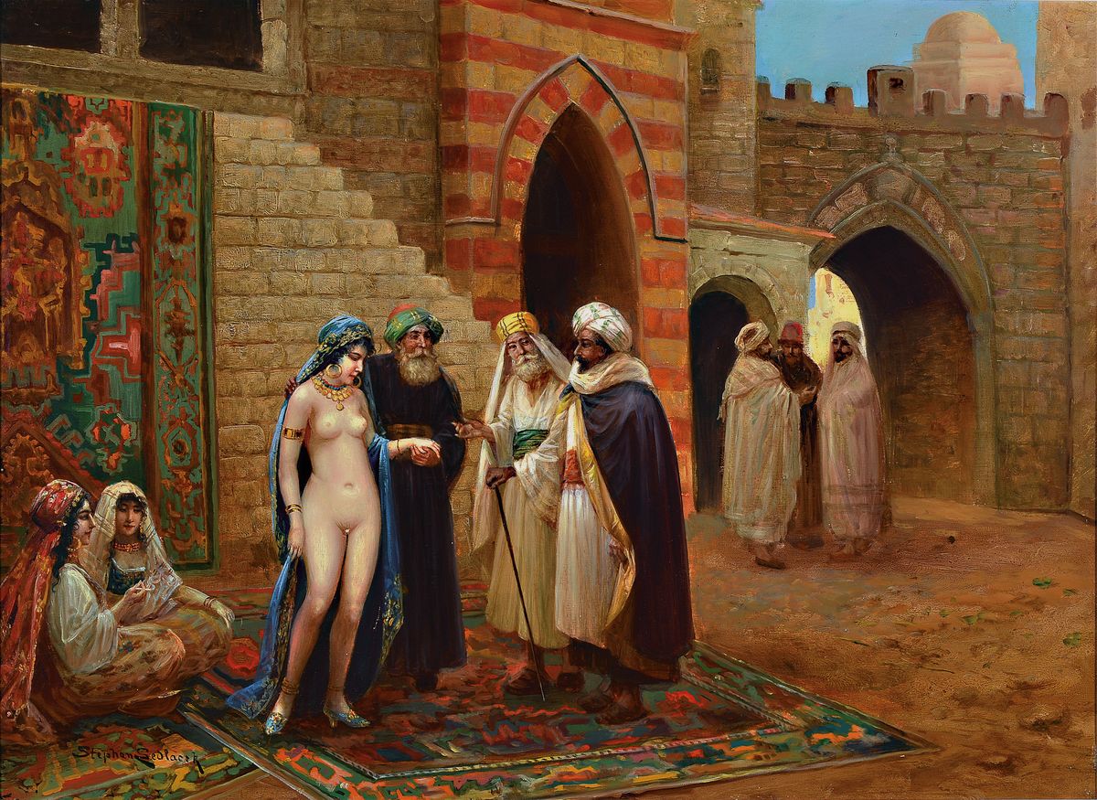 Stephan Sedlacek, 1868 Königstetten-1936 Wien , orientalischer Sklavenmarkt, Begutachtung einer unbekleideten Haremsdame, links unten signiert, ...