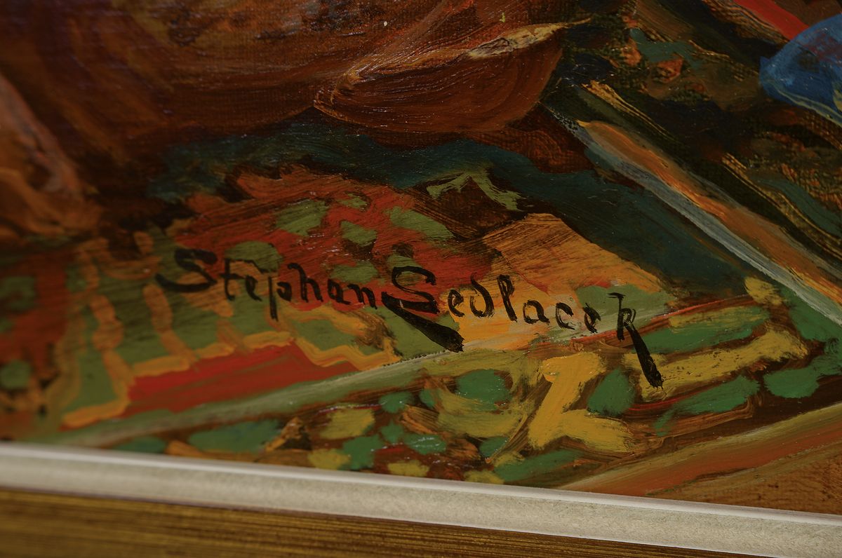 Detail a: Stephan Sedlacek, 1868 Königstetten-1936 Wien , orientalischer Sklavenmarkt, Begutachtung einer unbekleideten Haremsdame, links unten signiert, ...