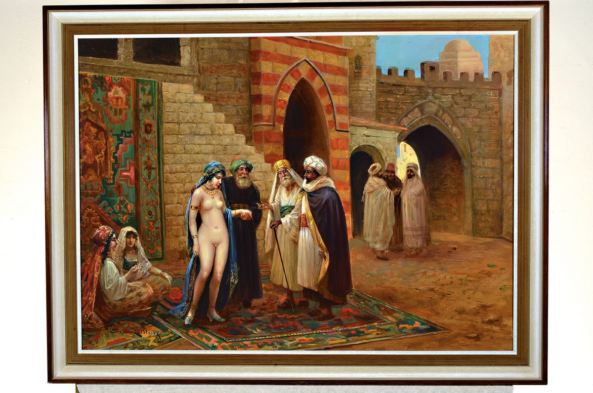 Detail k: Stephan Sedlacek, 1868 Königstetten-1936 Wien , orientalischer Sklavenmarkt, Begutachtung einer unbekleideten Haremsdame, links unten signiert, ...