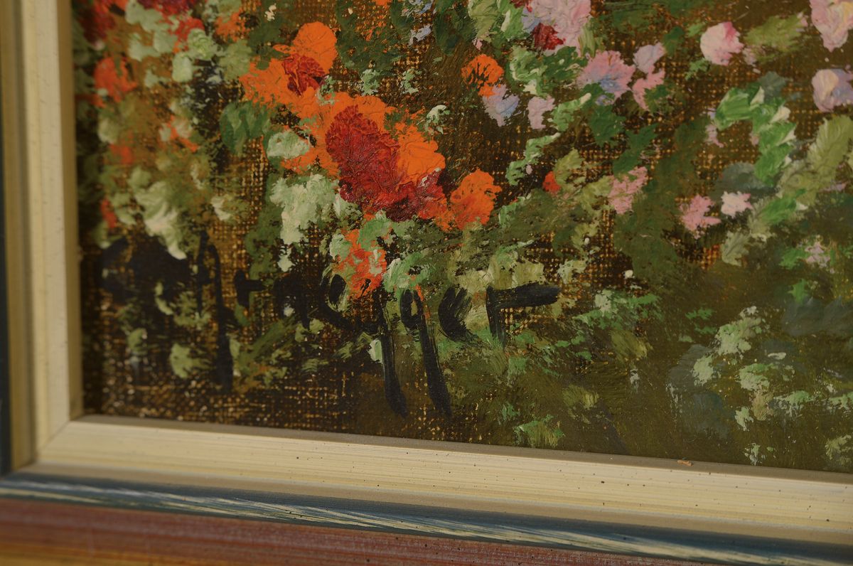 Detail a: Gottfried Arnegger, geb. 1905 Wien, Blick über den Luganer See, vordergründig der blühende Garten einer Villa am Hang, Öl/Lwd, rechts unten ...