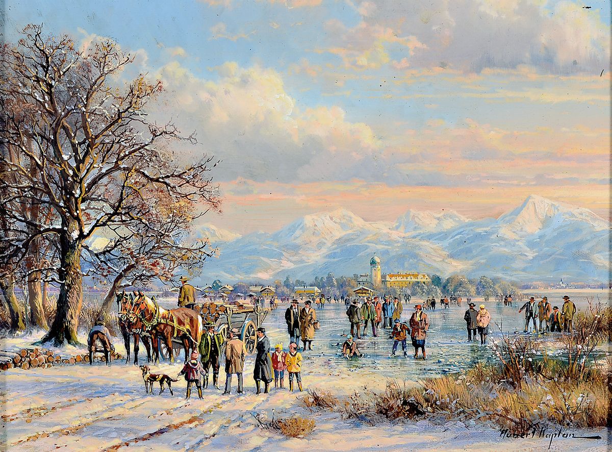 Hubert Kaplan, geb. 1940 München, Eisvergnügen vor Bodenseelandschaft, vielfigurige Szene mit Voralpenlandschaft, Öl/Holz, rechts unten signiert, ...