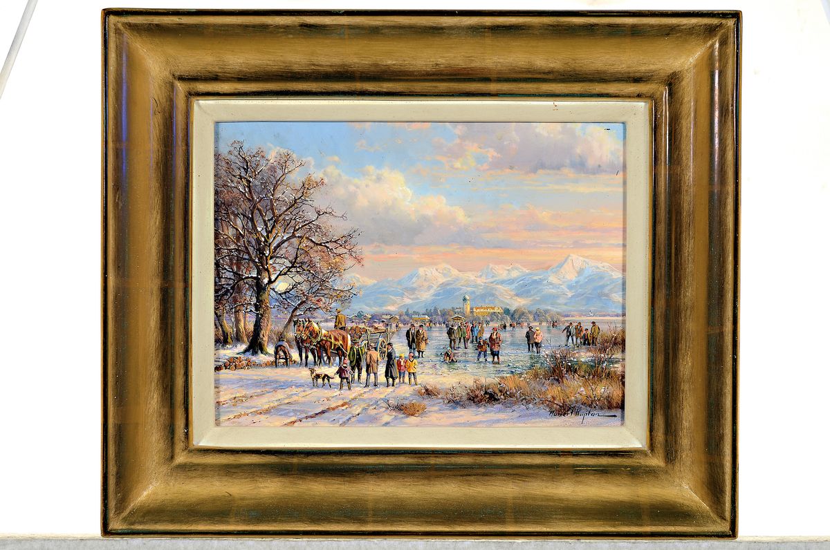 Detail k: Hubert Kaplan, geb. 1940 München, Eisvergnügen vor Bodenseelandschaft, vielfigurige Szene mit Voralpenlandschaft, Öl/Holz, rechts unten signiert, ...