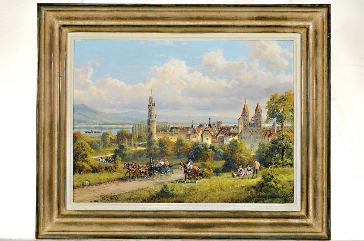 Detail k: Hubert Kaplan, geb. 1940 München, historische Stadtansicht mit Figurenstaffage, rechts unten signiert, Öl/Lwd, 30x40 cm, Rahmen 40x52 cm