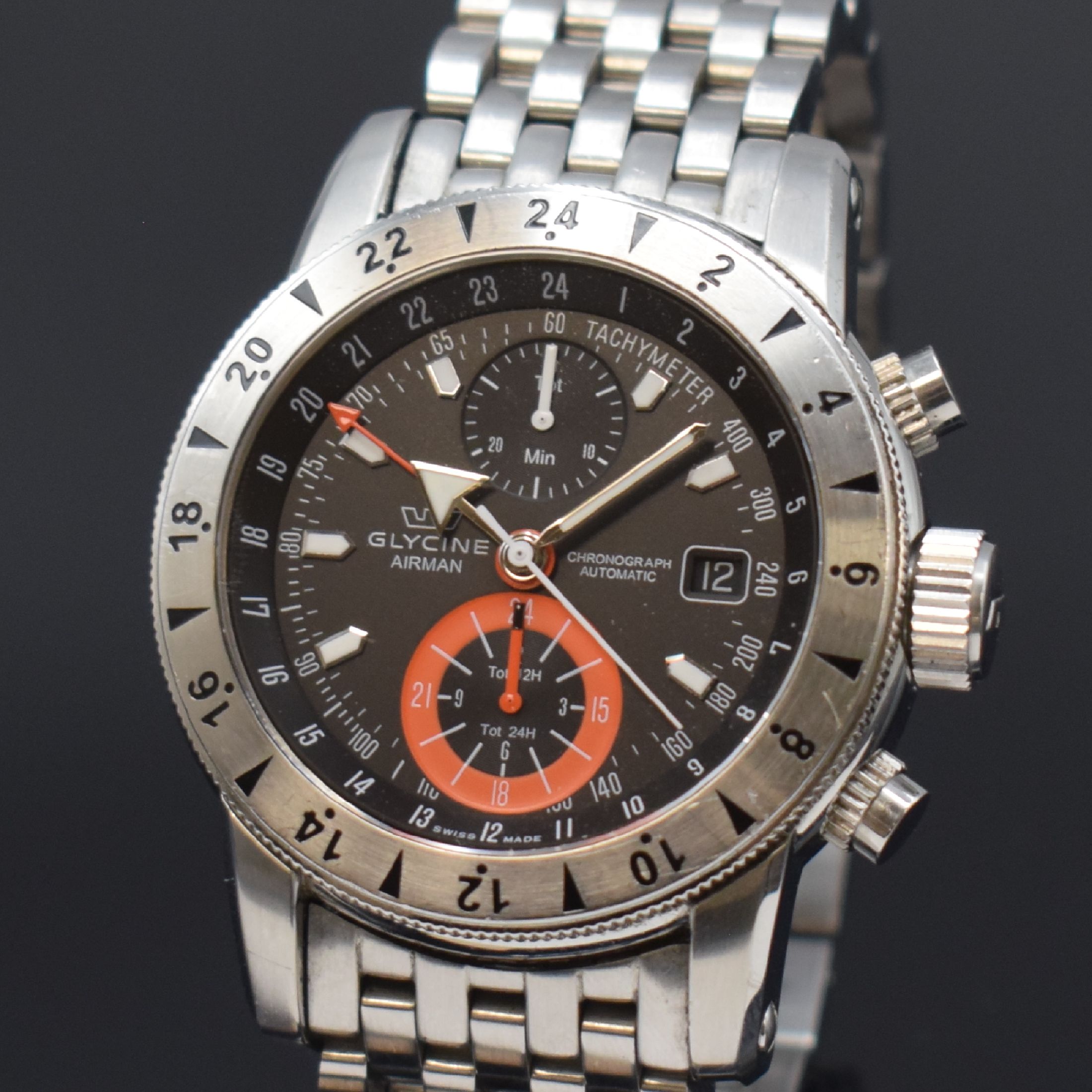 Detail a: GLYCINE Herrenarmbanduhr Airman Referenz 3840, Automatik, Schweiz um 2011, Edelstahlgeh. inkl. Gliederband m. dopp. Faltschl., Boden, Krone und ...