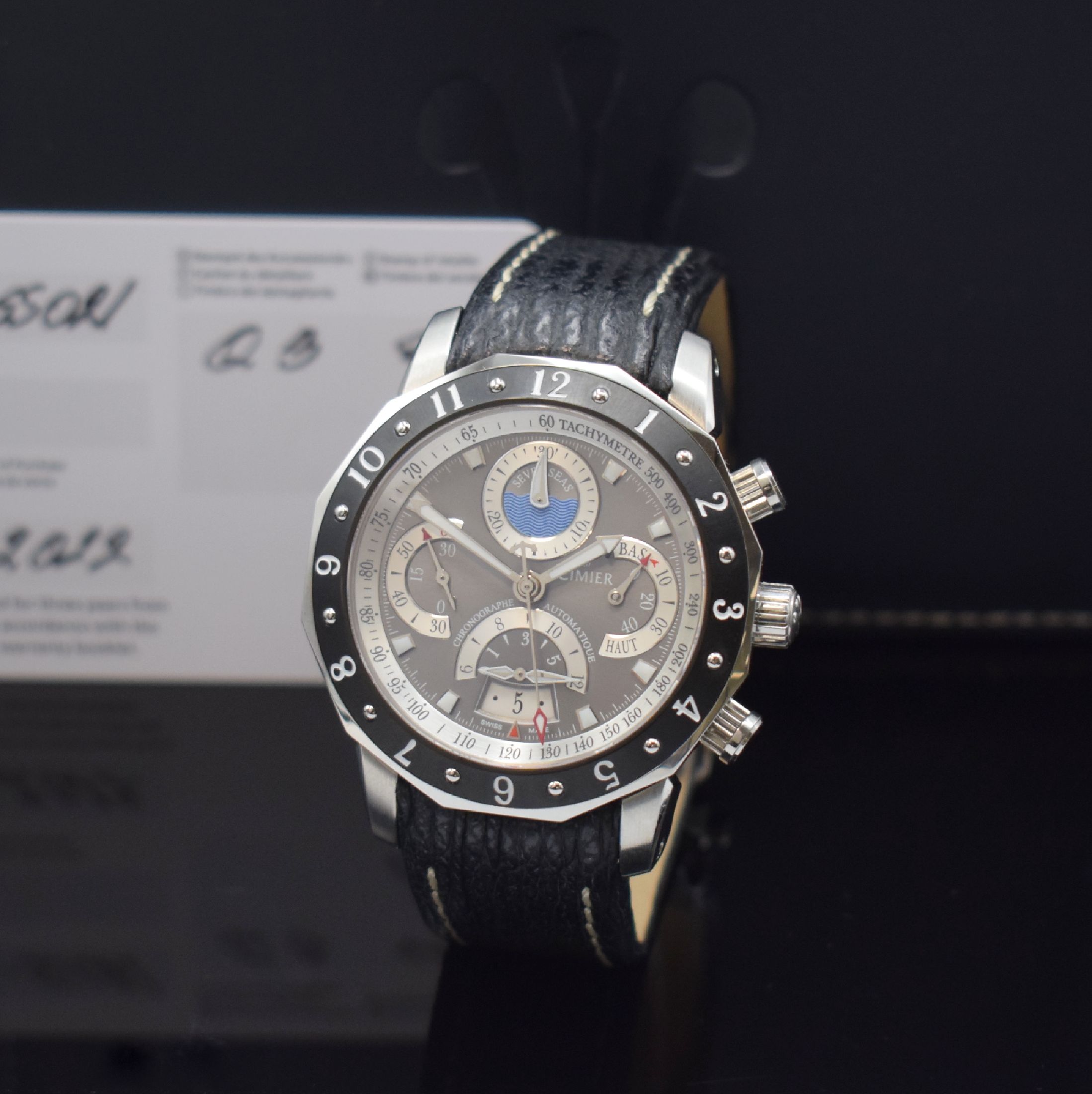 CIMIER nahezu neuwertiger Armbandchronograph Seven Seas Sextant Referenz 6103, Automatik, Edelstahlgeh. inkl. orig. Lederband m. orig. Faltschl., ...
