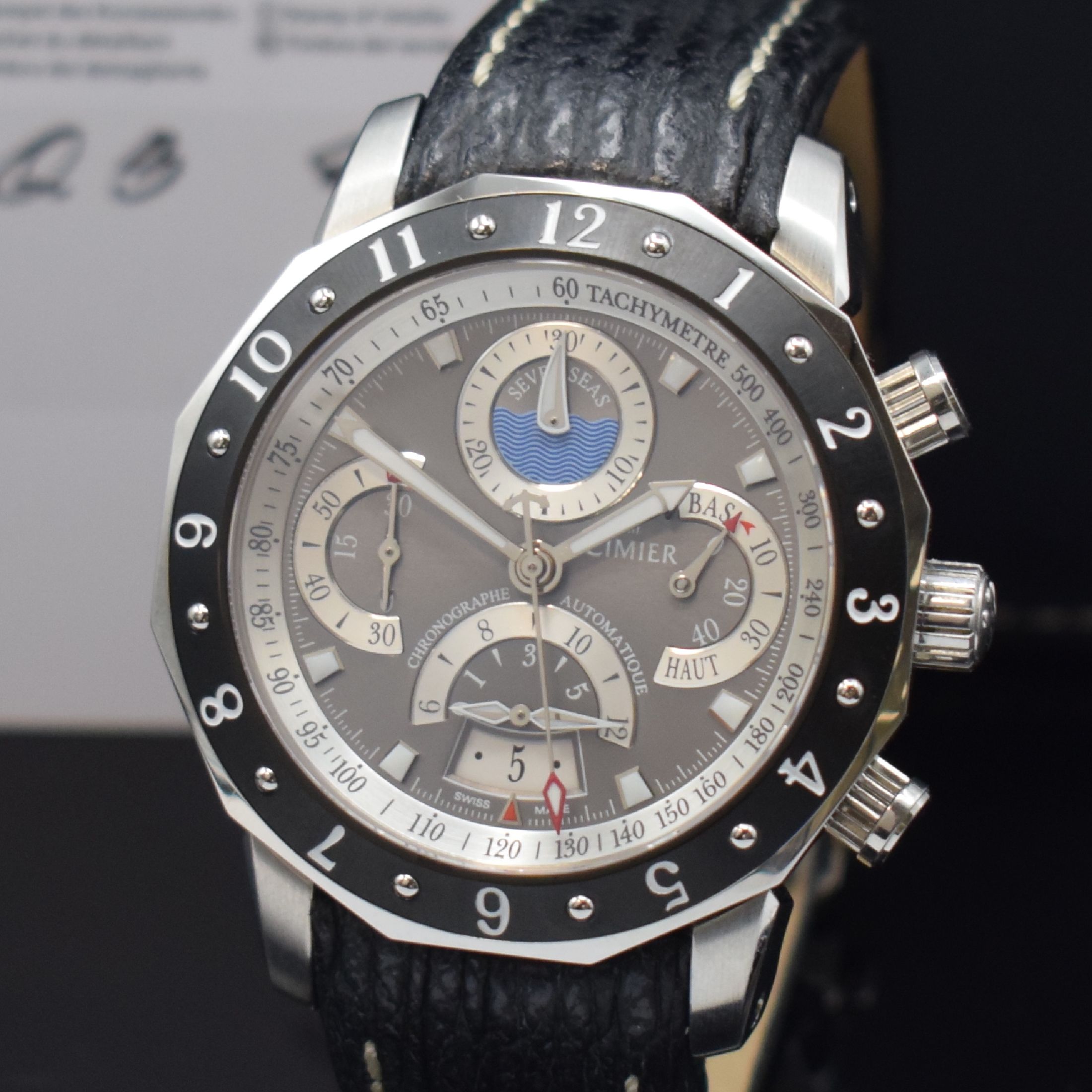 Detail a: CIMIER nahezu neuwertiger Armbandchronograph Seven Seas Sextant Referenz 6103, Automatik, Edelstahlgeh. inkl. orig. Lederband m. orig. Faltschl., ...