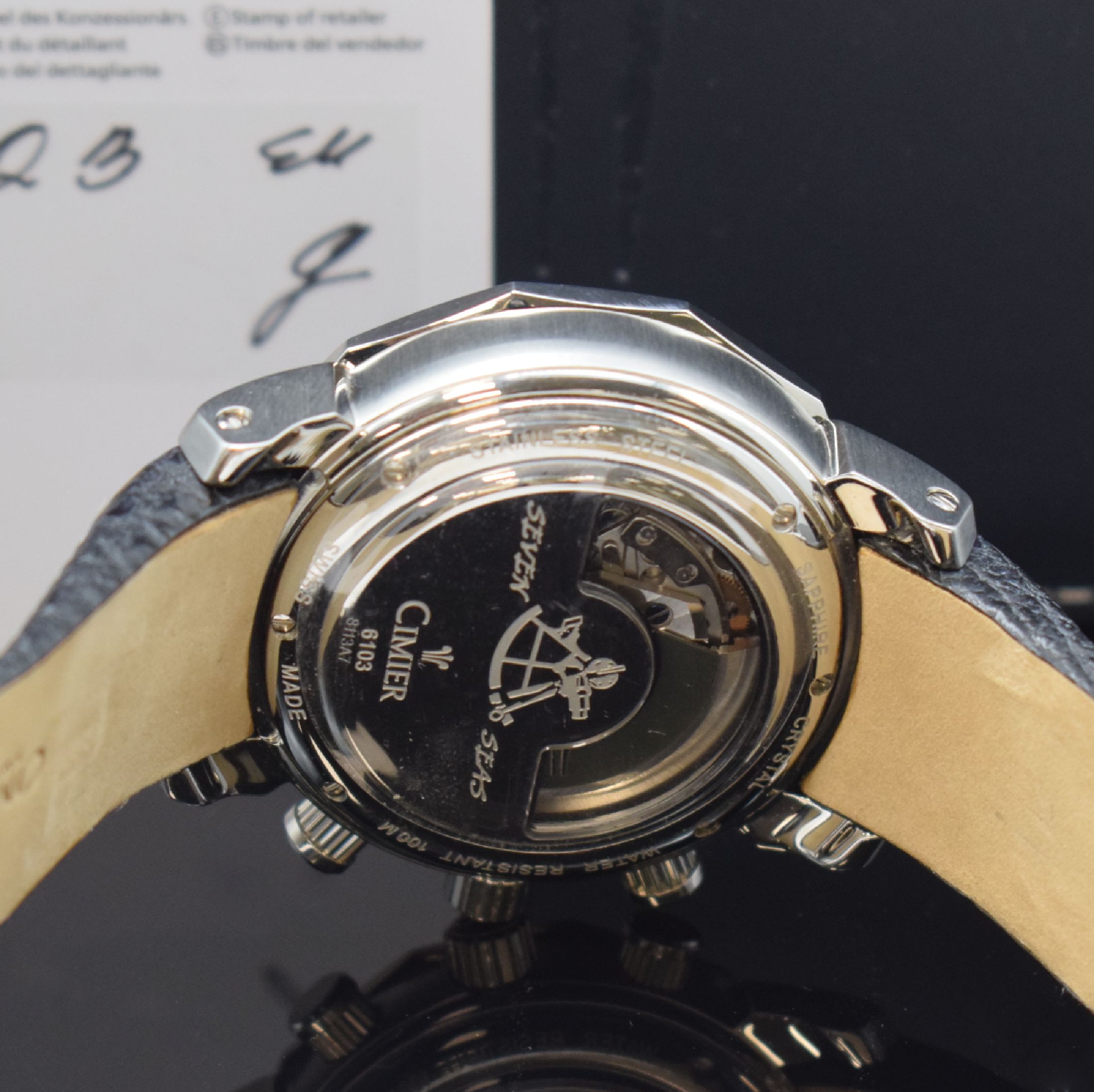 Detail e: CIMIER nahezu neuwertiger Armbandchronograph Seven Seas Sextant Referenz 6103, Automatik, Edelstahlgeh. inkl. orig. Lederband m. orig. Faltschl., ...