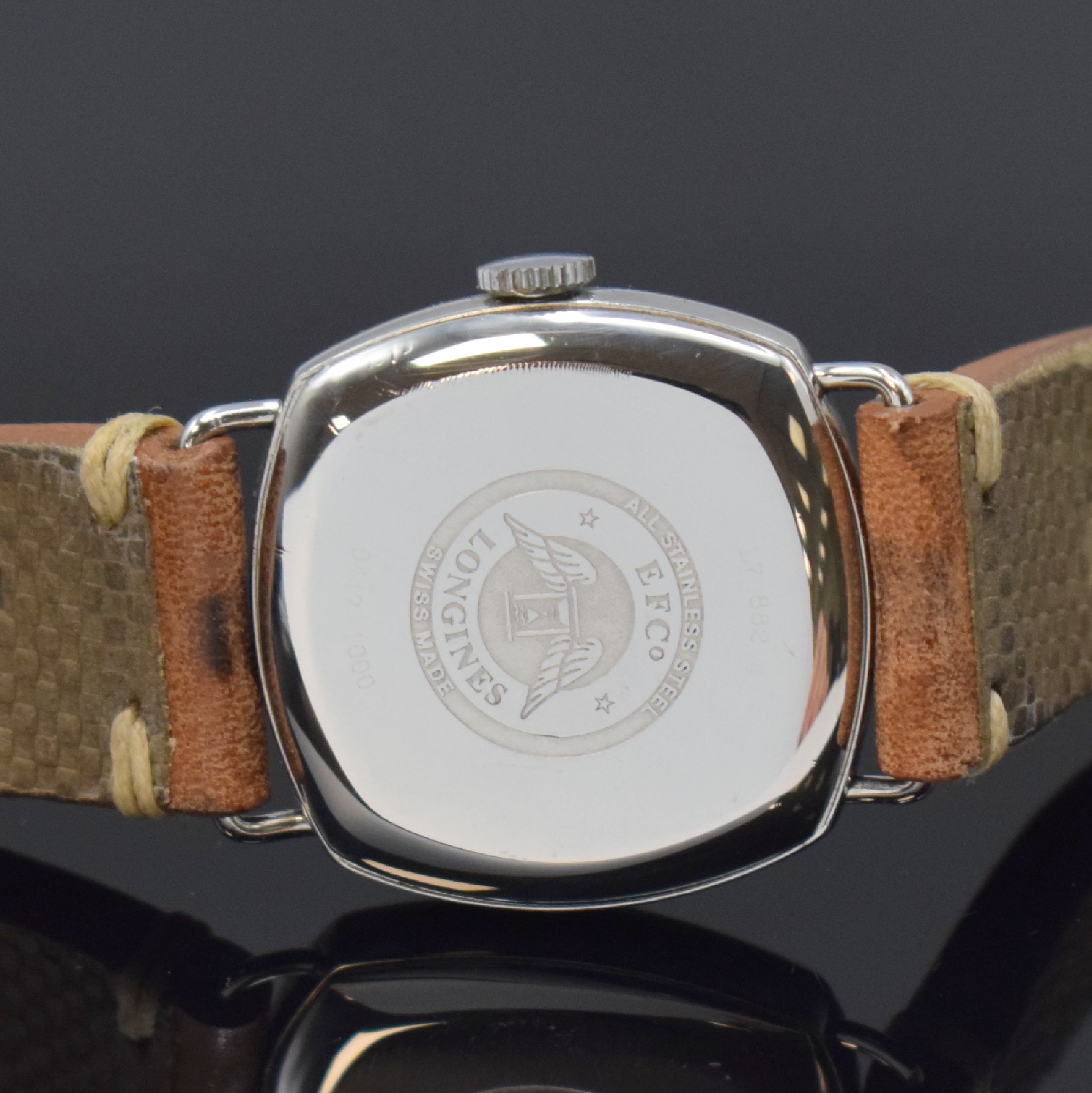 Detail c: LONGINES Referenz L7 882 4 limitierte Armbanduhr in Stahl, Schweiz um 2010, Handaufzug, gedr. Carré-Cambré Geh., silb. Zifferbl., blaue ...