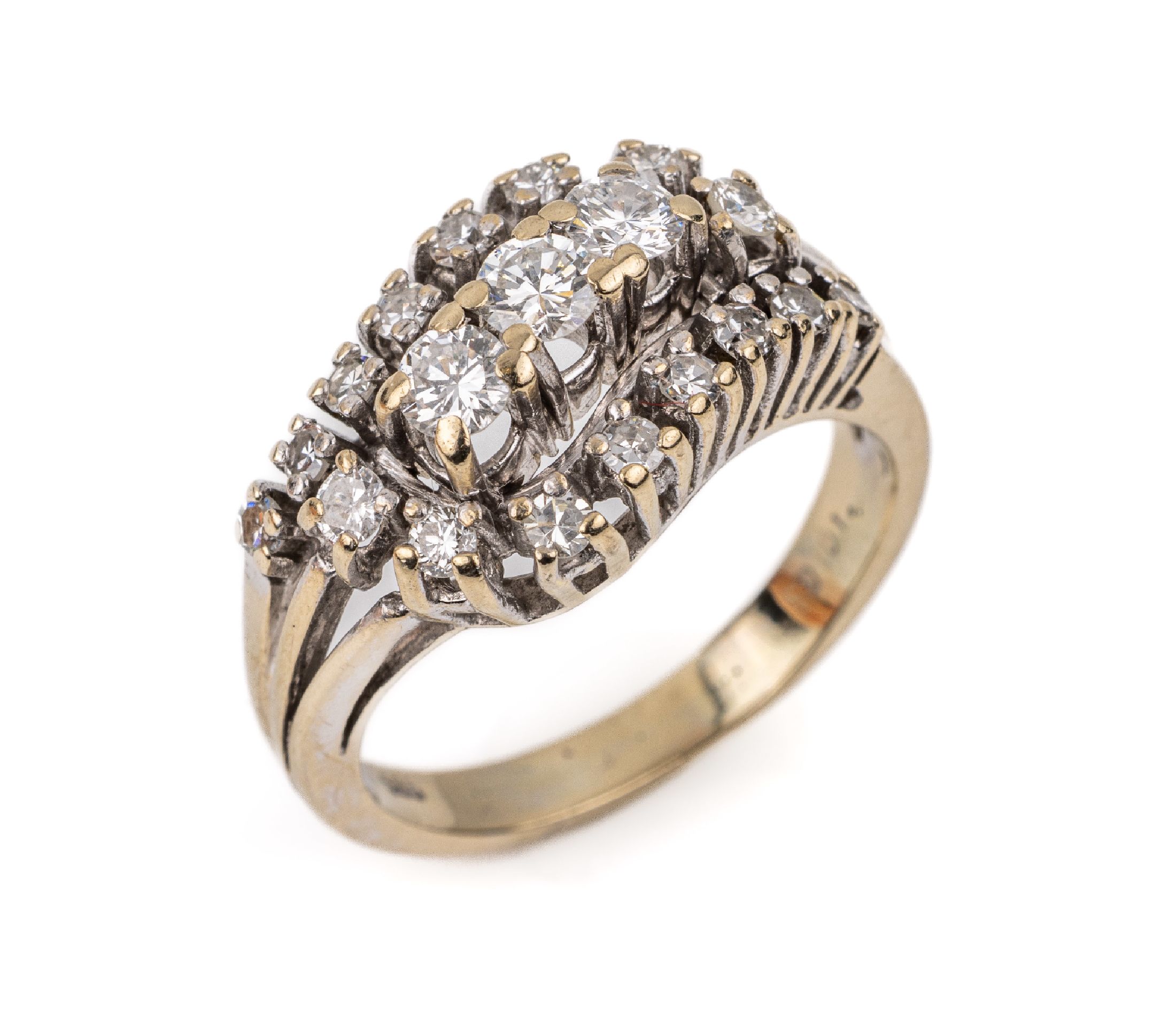 14 kt Gold Brillant-Ring, WG 585/000, 11 8/8-Diamanten und 8 Brillanten zus. ca. 0.75 ct Weiß/si, total ca. 6.3 g, RW 57