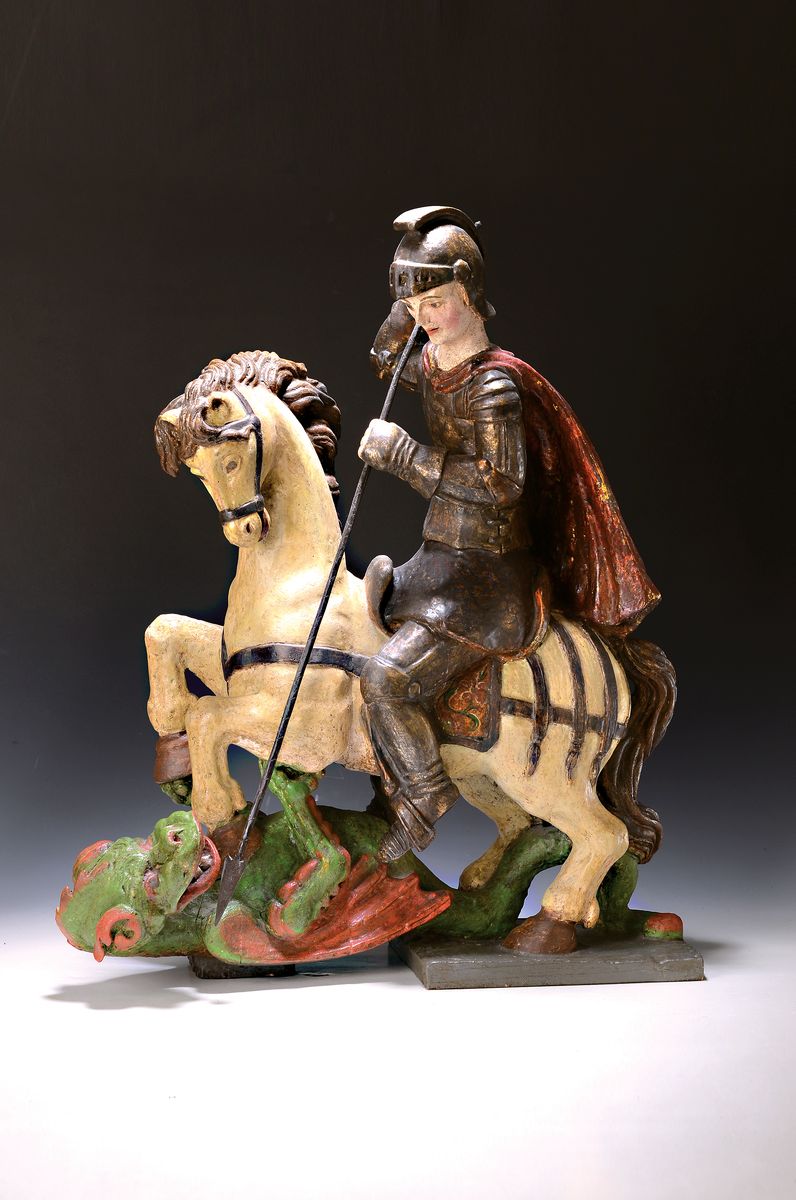 Heiliger Georg als Drachentöter, süddeutsch, 19.Jh., Vollholz geschnitzt, polychrom gefasst, Metalllanze, Georg als Triumphator über den Drachen, ...