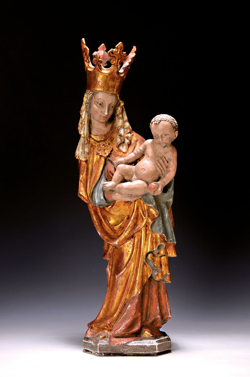Heiligenfigur, Mutter Gottes mit Jesuskind, wohl süddeutsch, 20. Jh., Lindenholz geschnitzt und vergoldet, H. 54 cm