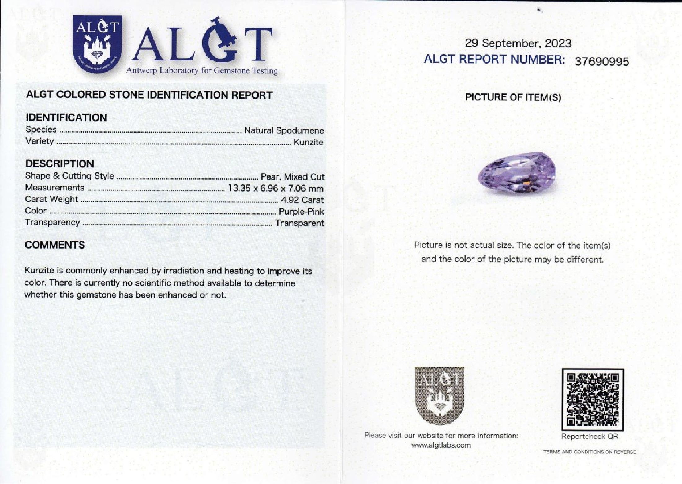 Detail b: Loser Kunzit-Tropfen, 4.92 ct, purple pink, ALGT Zertifikat