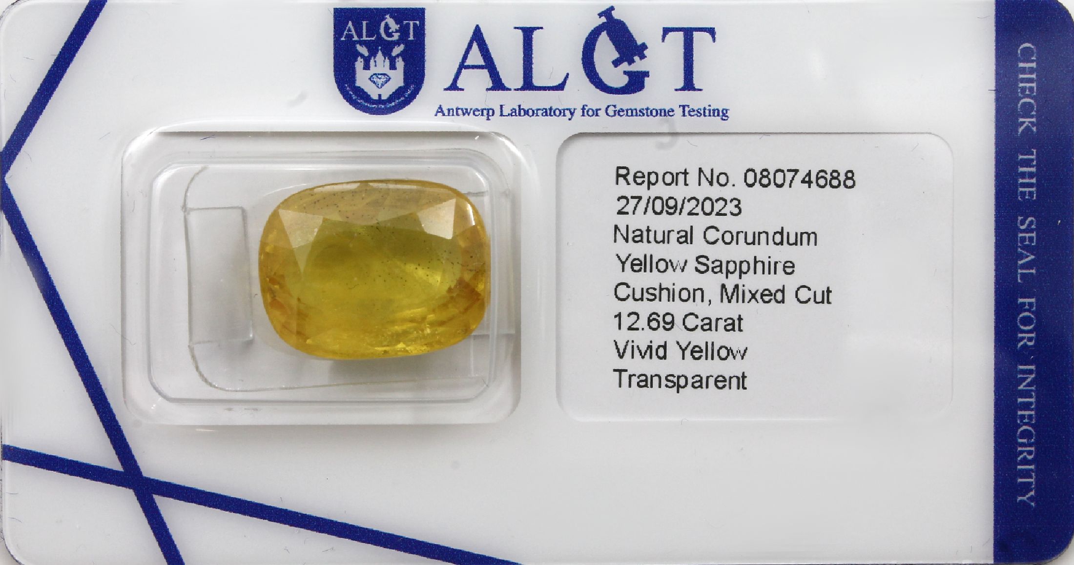 Loser gelber Saphir ca. 12.69 ct, cushion cut, vivid yellow, verschweißt, ALGT Zertifikat