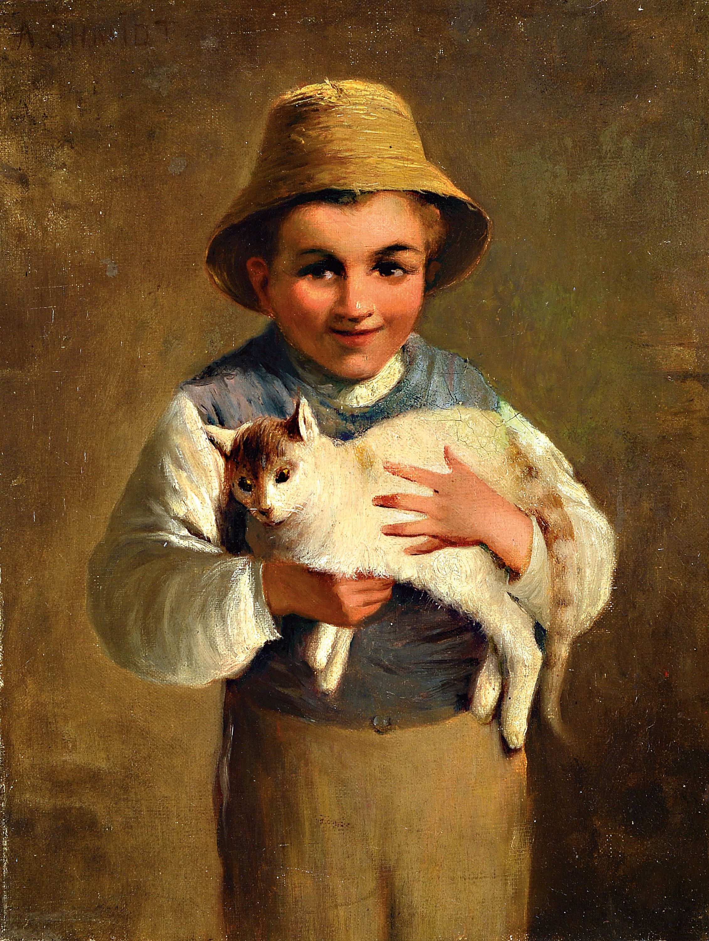 A. Schmidt, Künstler des ausgehenden 19.Jh.,Knabe mit Sonnenhut und Katze auf dem Arm, Öl/Lwd, links oben signiert, rest./doubliert, 26x21 cm, ...