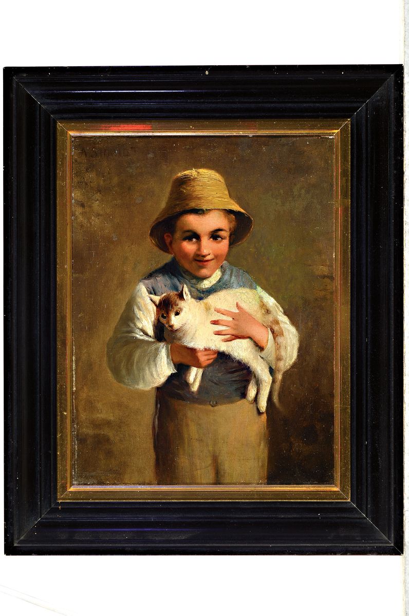 Detail k: A. Schmidt, Künstler des ausgehenden 19.Jh.,Knabe mit Sonnenhut und Katze auf dem Arm, Öl/Lwd, links oben signiert, rest./doubliert, 26x21 cm, ...