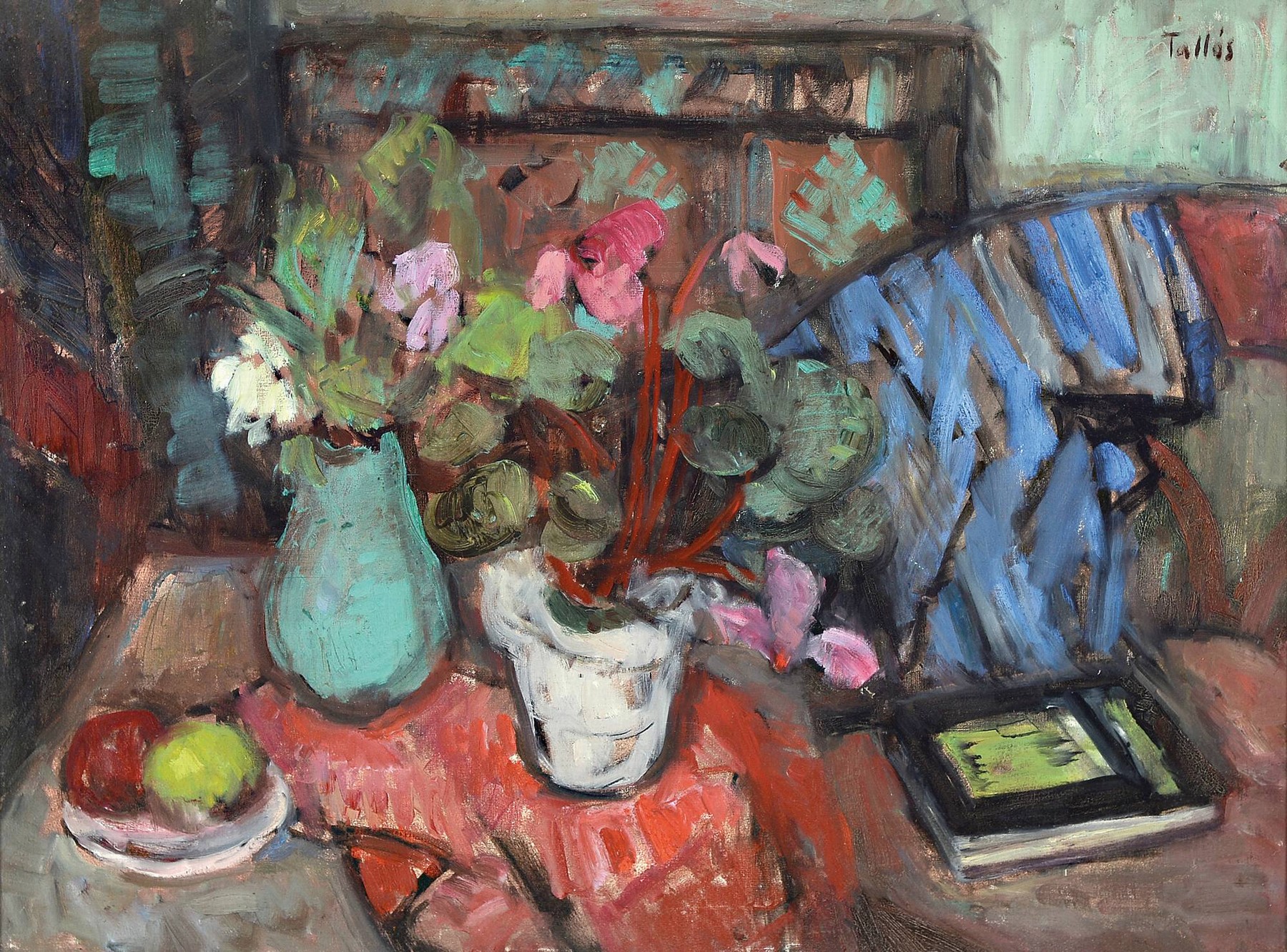 Ilona Tallos, 1918-1991, Stillleben mit Obst, Blumentopf und Buch, Öl/Lwd, rechts oben sign. Tallos, ca. 60x80cm, R. ca. 78x98cm