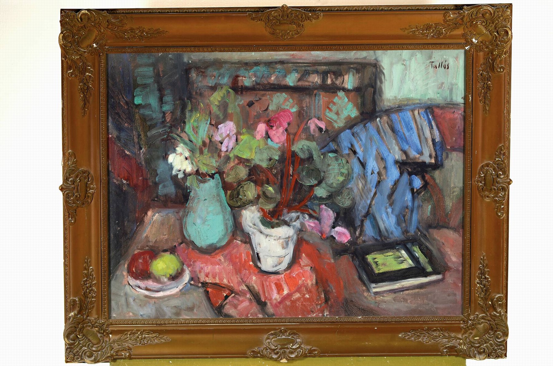 Detail k: Ilona Tallos, 1918-1991, Stillleben mit Obst, Blumentopf und Buch, Öl/Lwd, rechts oben sign. Tallos, ca. 60x80cm, R. ca. 78x98cm