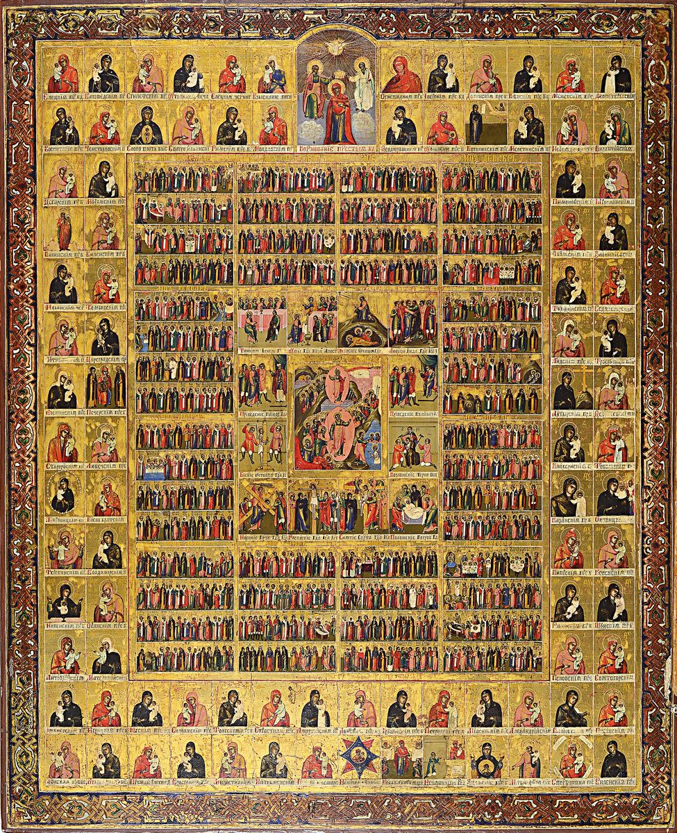 Monumentale Jahresikone, Russland, 19.Jh., Tempera auf Holz, reiche Vergoldung, 154 Miniaturen in drei Registern, Rahmenregister mit 92 verschiedenen ...