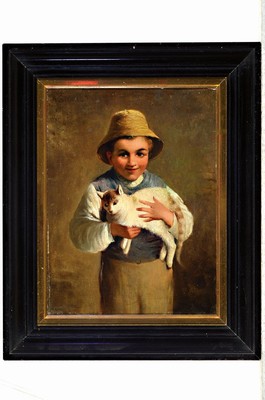 26691369k - A. Schmidt, artist of the late 19th century, boy with sun hat and cat on his arm, oil/canvas, signed top left, rest./doubled, 26x21 cm, frame 36x29 cm