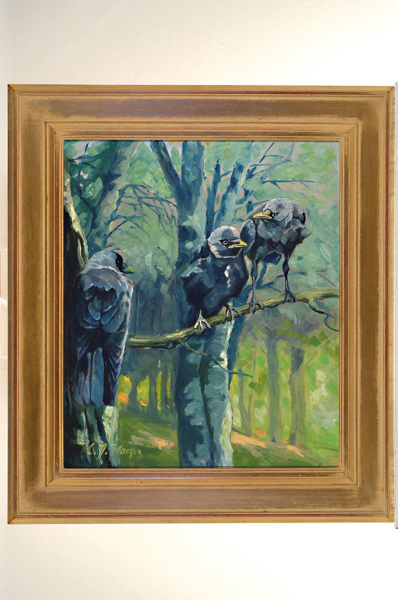 Detail k: C.J. Hacker, deutscher Tiermaler des frühen 20. Jh., 3 Rabenvögel auf einem Ast, Öl/Masonit, links unten signiert, 58x48 cm, Rahmen 76x68 cm